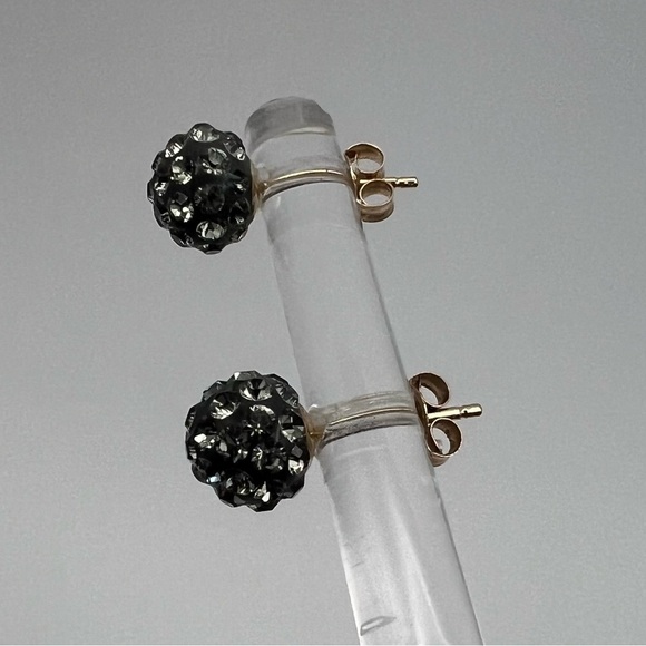 14K Solid Gold Black Crystal Ball Stud Earrings – Preowned Sparkly Bead posts - Picture 10 of 17